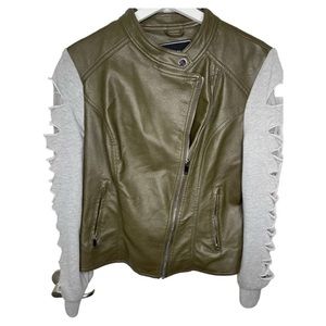 BNCI JACKET BCNI GREY MOTO BIKER RIPPED SLEEVE WOMEN SZ LARGE!ZIP UP.